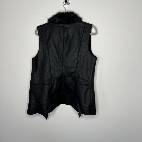 Nine West Jeans Vest Womens‎ Medium Black Faux Fur Collar Moto Zipper Pockets - Picture 2 of 10